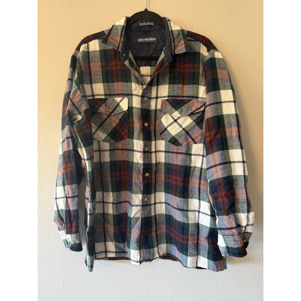 VINTAGE Van Heusen Shirt‎ Mens Large Plaid Flannel Button Down Long Sleeve